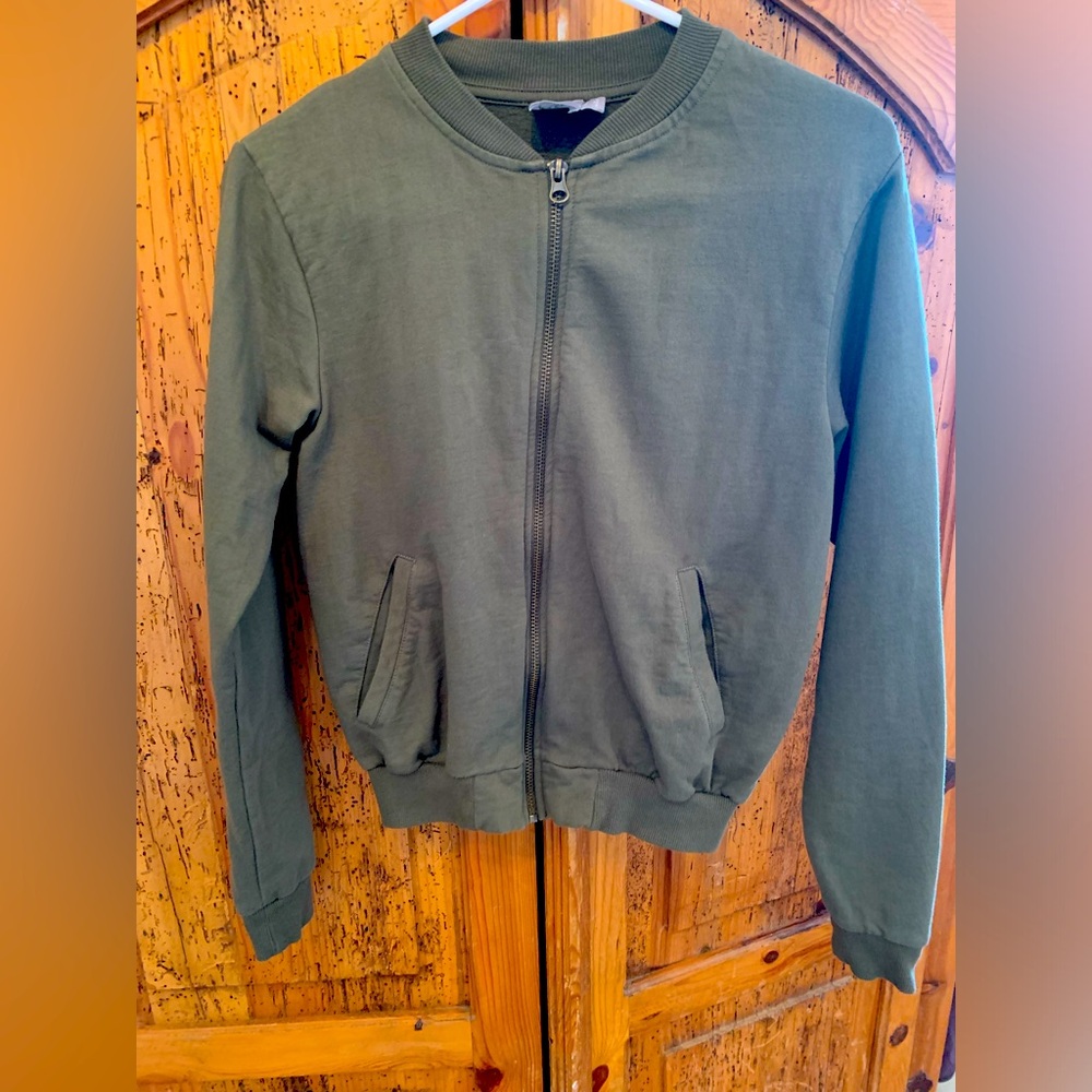 ASOS-brand Zippered Sweatshirt, Size 2, Dark Sage Green